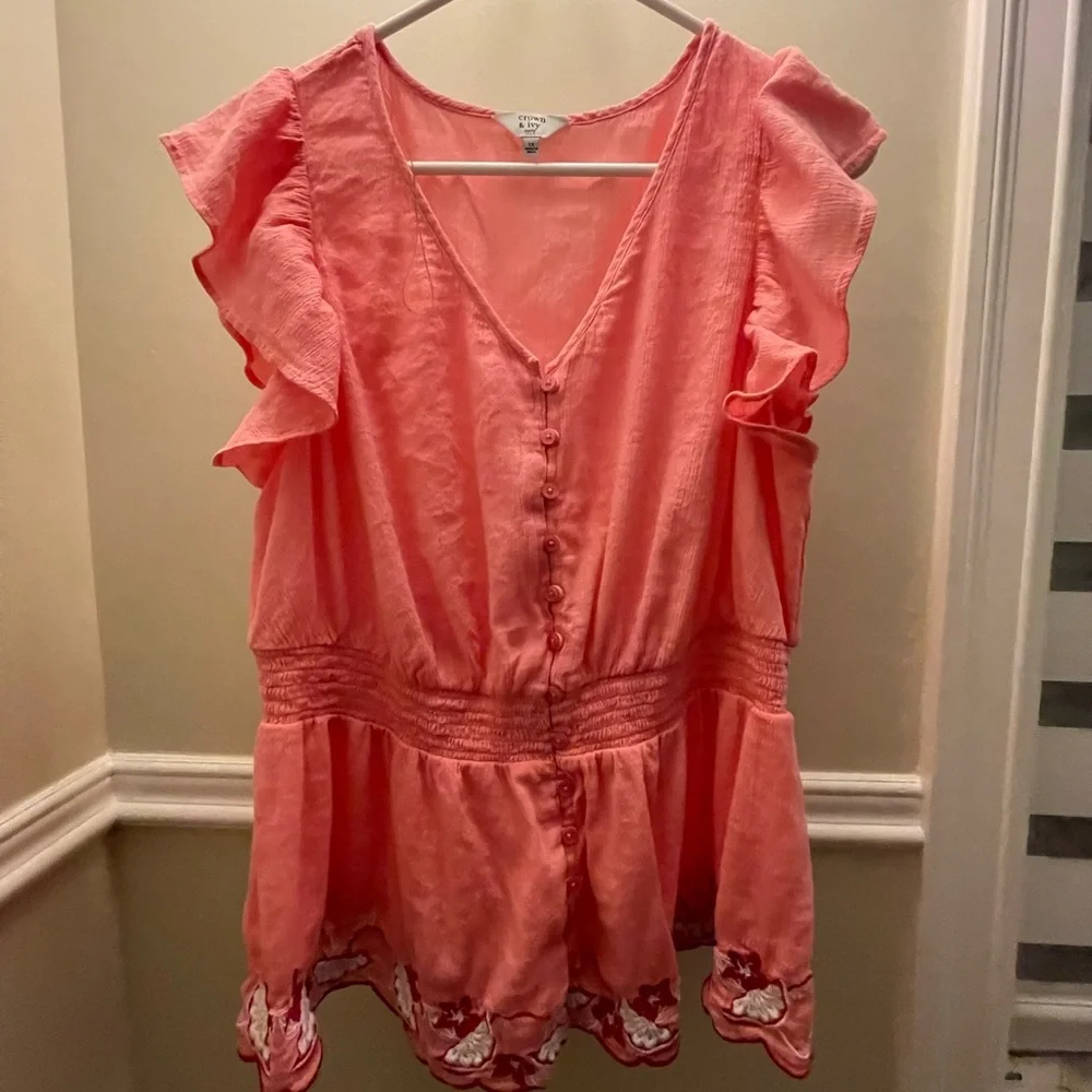 Crown & Ivy Coral Ruffled Blouse - Picture 1 of 4